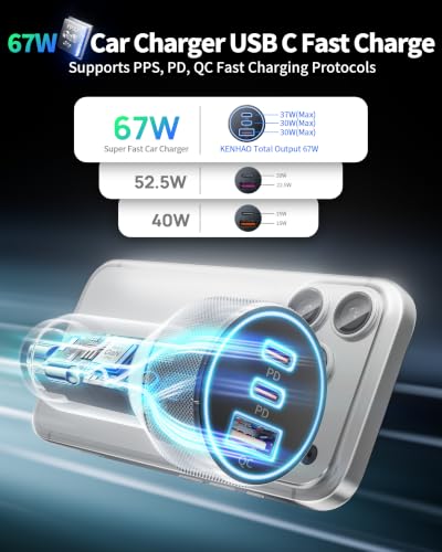 Car Charger USB C, 3 Port 67W Dual USB-C & USB-A Car Phone Charger Adapter | Fast Charging Cigarette Lighter Accessories, for iPhone 17/16/15/14/13/12/11 Pro Max,iPad, Galaxy S26/S25/S24,Pixel, Android - style: 1-Pack