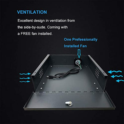 Heavy Duty 16 Gauge DVR Security Lockbox with Fan (Black 18'' X 17.9'' X 4.96')