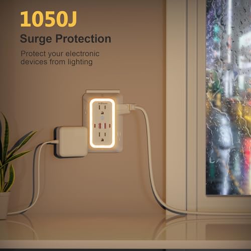 Wall Outlet Extender with Night Light, Power Plug Adapter 6 Outlet Extender with 4 USB Charging Ports 1050J Power Strip Multi Plug Adapter Spaced for Home Travel Office (2U2C)-ETL - color: White-1Pcs