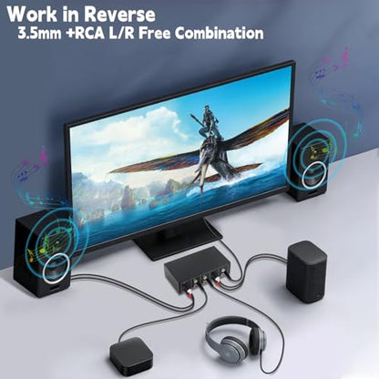 3.5mm Aux + RCA L/R Bi-Directional Stereo Audio Switch 4 in 1 Out A/B Analog Audio Switcher Selector No Power Need - color: Dark Black