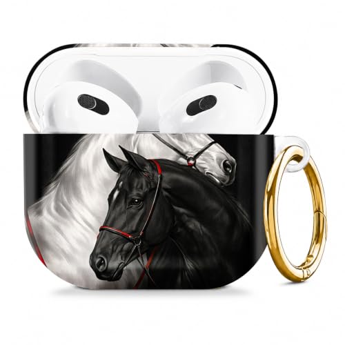 Compatible with AirPod 4 Case 2024, Cute Hard Plastic Protective Cover for Airpod 4th Generation Women, Shockproof Shell Skin with Gold Ring Keychain,Black White Horses - color: Black White Horses