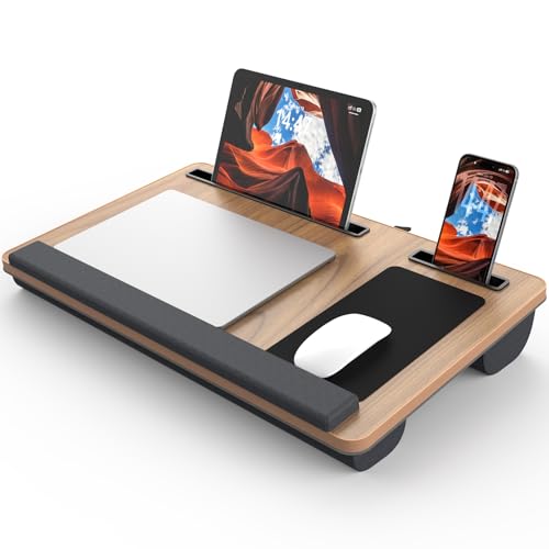 Potuopy Lap Desk - Up to 17” Laptop with Wrist Rest, Portable Handle, 2 Self-Adhesive PVC Mouse Pads, Tablet & Phone Slots, Laptop Stand for Bed with Cushion (Dark Brown Woodgrain) - color: Dark Brown Woodgrain