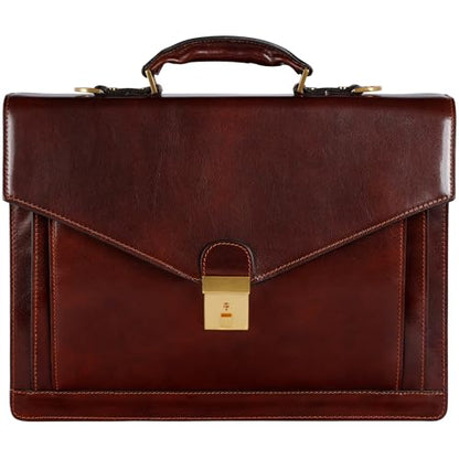 Time Resistance Leather Briefcase for Men - Business Laptop Bag - Italian Handmade Leather Bag - Attache - Gift Box Included - color: Brown