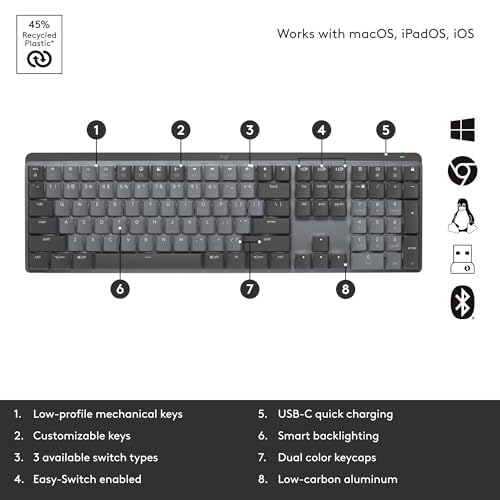Logitech MX Mechanical Wireless Illuminated Performance Keyboard, Linear Switches, Backlit Keys, Bluetooth, USB-C, macOS, Windows, Linux, iOS, Android, Metal | Full-Size Wireless Mechanical Keyboard with Linear Switches, Adaptive Backlight, Bluetooth and