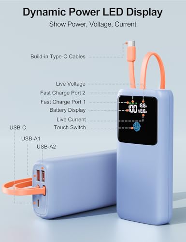 Portable Laptop Charger 24000mAh 65W w/USB C Built-in Cable Blue | 65W Fast charging, LED display, Charge 4 devices at once, Pass through, TSA approved, Compatible with Macbook/Notebook/iPhone - color: Blue