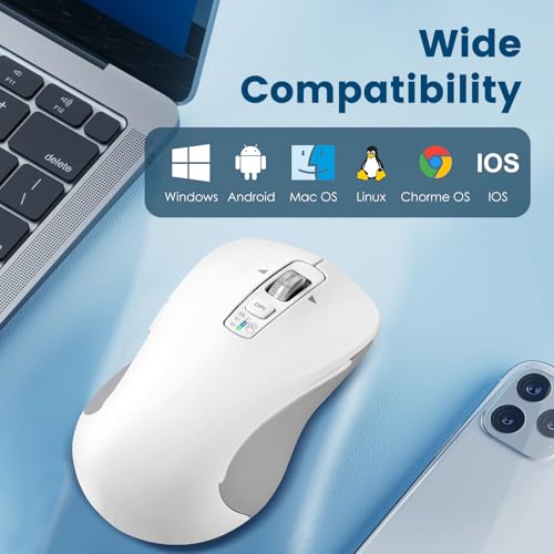 CITLLA Wireless Bluetooth Mouse (USB + BT1 + BT2), Full Size, 4-Way Scrolling, Multi-Device Silent Mouse for Computer, Laptop, iPad, MacBook (White) - color: White