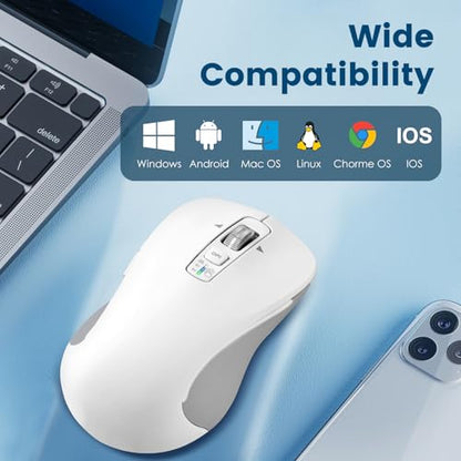 CITLLA Wireless Bluetooth Mouse (USB + BT1 + BT2), Full Size, 4-Way Scrolling, Multi-Device Silent Mouse for Computer, Laptop, iPad, MacBook (White) - color: White