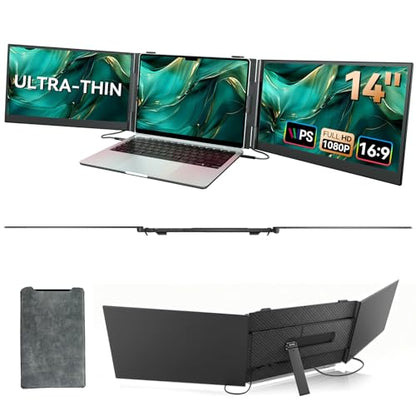 14 Inch Triple Laptop Screen Extender FHD 1080P IPS Extended Monitor | Portable Ultra-Thin Lightweight Extra Screen for Laptops 13-17.3" Compatible with Wins Mac Chrome Dex Phone Travel Work - size: 14" Monitor-A