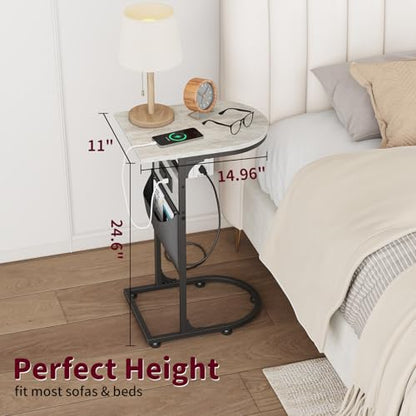 C Shaped End Table with Charging Station, Small Side Table for Couch, C Table Slides Under Sofa with Storage Bag, TV Tray Table for Recliner, Living Room, Bedside, Bedroom, Small Spaces, Greige - color: Charging Station Greige