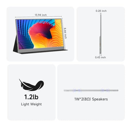 memzuoix 15.6" FHD 1080P Portable Monitor｜Second External｜100% sRGB｜USB-C+HDMI for PS5/Switch｜VESA Mount｜Built-in Speakers | Grey