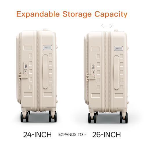 Expandable Lightweight PC Hard Shell Suitcase, 24-inch Luggage with TSA Lock, Top Opening & Cup Holder - Ideal for Business Travel Suitcase (Beige, Checked-Medium 24-Inch) - color: Beige, size: Checked-Medium 24-Inch