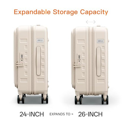 Expandable Lightweight PC Hard Shell Suitcase, 24-inch Luggage with TSA Lock, Top Opening & Cup Holder - Ideal for Business Travel Suitcase (Beige, Checked-Medium 24-Inch) - color: Beige, size: Checked-Medium 24-Inch
