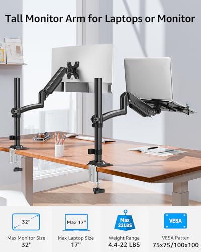 MOUNTUP Laptop Desk Mount, Adjustable Laptop Stand for max 17" Notebook or 32" Monitor, Laptops Arm Mount for Desk Holds 4.4-22lbs, Tall Laptops Stand with Clamp/Grommet - size: Single, style: With Pole