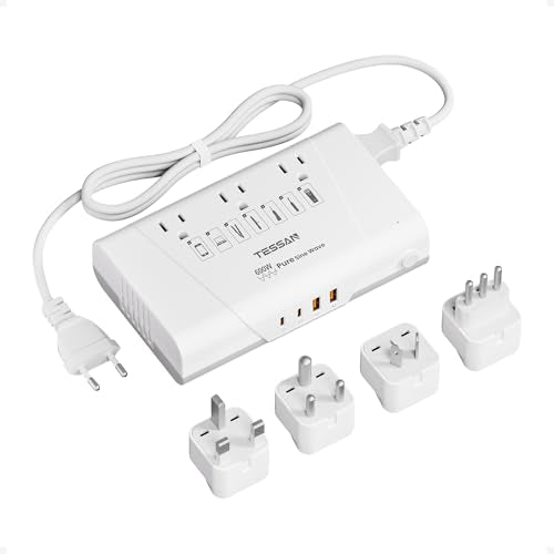 TESSAN 600W Pure Sine Wave 220V to 110V Voltage Converter | US to Europe, 4 USB Ports PD 35W QC 30W, EU/UK/AU/IT/India Plug Adaptor, Step Down Transformer, Universal Travel Adapter - color: Grey white