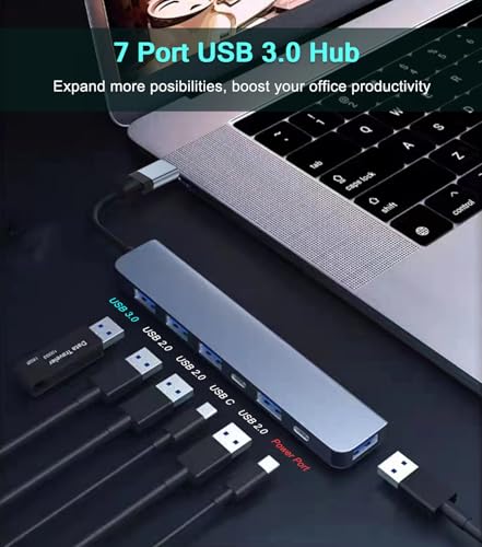 USB 3.0 Hub Splitter, 7 in 1 Aluminum USB Extender with Power Port, USBA to USB C Adapter for PC Laptop - style: 7-Port