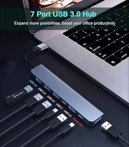 USB 3.0 Hub Splitter, 7 in 1 Aluminum USB Extender with Power Port, USBA to USB C Adapter for PC Laptop - style: 7-Port