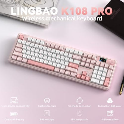 LINGBAO K108 Pro Wireless Mechanical Pink Creamy Keyboard with Number Pad | Full Size Mechanical Keyboard with 10000mAh Battery, PBT Keycaps, Gasket Mount, RGB Backlit Hot-swap Custom Keyboard for PC - color: White & Pink