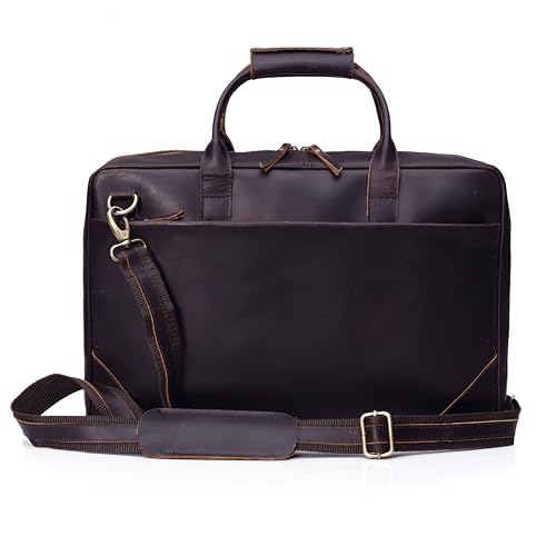 Full Grain Leather Slim Briefcase for Men Laptop Messenger Shoulder Brown Vintage Attache Computer Business Work Lawyer Bag - size: 18 Inch