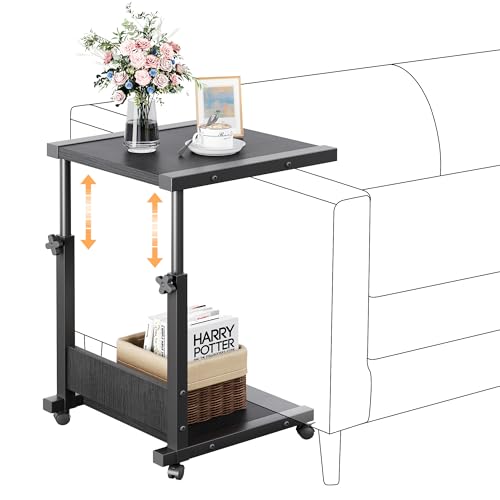 Furist Hospital Bedside Table with Wheels Adjustable Height Sofa Side, Rolling Hospital Table, Mobile Computer Desk Laptop Table for Living Room, Bedroom & Office, Black