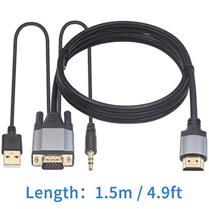 Duttek VGA to HDMI Adapter Cable 5FT/1.5M, Gold Plated 1080P Active VGA Male to HDMI Male Analog Video Adapter Cable with Power and Audio Output Converter Cable
