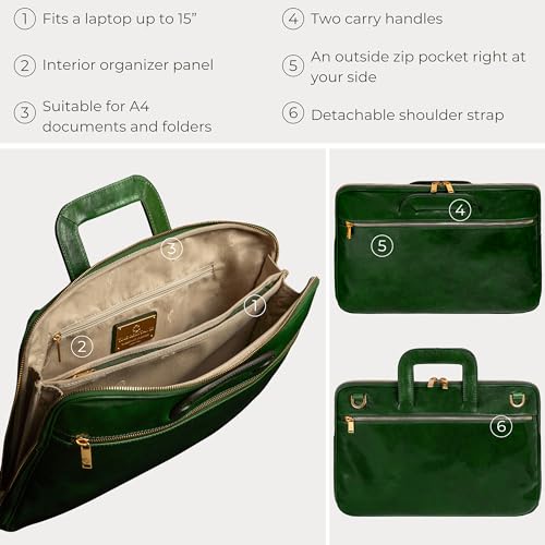 Time Resistance Slim Leather Briefcase - Italian Handmade Leather Computer Bag - Briefcase for Men and Women - Laptop Bag - color: Green