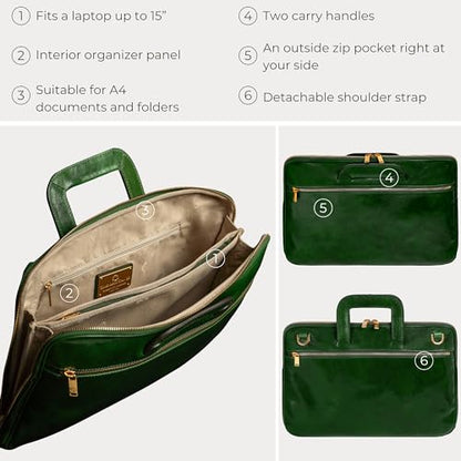 Time Resistance Slim Leather Briefcase - Italian Handmade Leather Computer Bag - Briefcase for Men and Women - Laptop Bag - color: Green