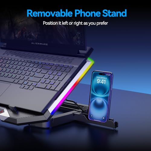 Gaming Laptop Cooling Pad with 8 Cooling Fans, Laptop Fan Cooler Pad for 15-17.3 Inch, Notebook Cooler Stand with 6 Height Adjustable, RGB Cooling Pad with Two USB Port + Phone Stand - size: 8 Fans