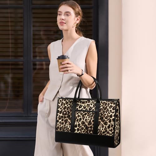 LOVEVOOK Laptop Bag for Women 17 inch Canvas Laptop Tote Bag， Large Professional Teacher Purse Lightweight Computer Bag Briefcase Business Office, Black Brown - color: Leopard-black, size: 17inch