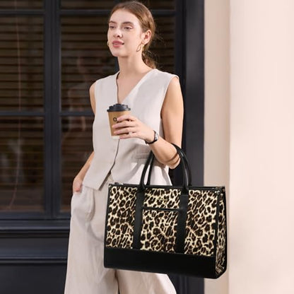 LOVEVOOK Laptop Bag for Women 17 inch Canvas Laptop Tote Bag， Large Professional Teacher Purse Lightweight Computer Bag Briefcase Business Office, Black Brown - color: Leopard-black, size: 17inch