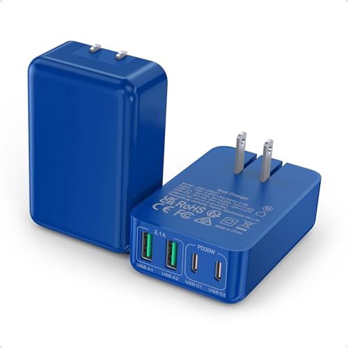 [2-Pack] Flat USB C Wall Charger,40W Fast USB C Charger Block,4-Port PD Power Adapter +QC Wall Plug Multiport Type C Charging Block Cube Compatible with iPhone 17 16 15 14 13 12 Pro Max XR XS 8(Blue) - color: Blue