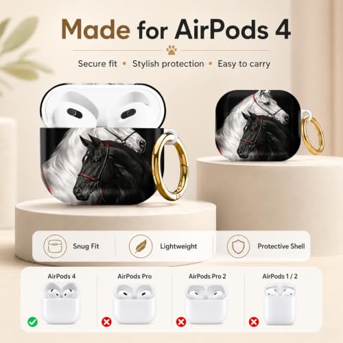 Compatible with AirPod 4 Case 2024, Cute Hard Plastic Protective Cover for Airpod 4th Generation Women, Shockproof Shell Skin with Gold Ring Keychain,Black White Horses - color: Black White Horses