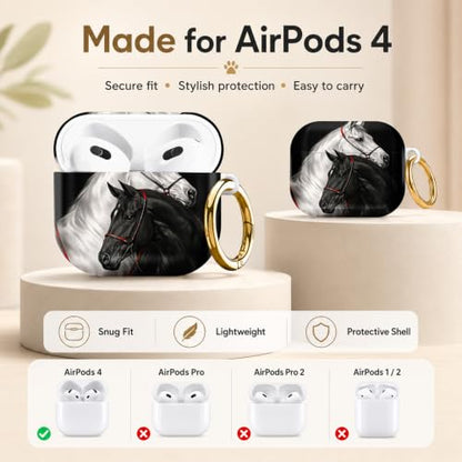 Compatible with AirPod 4 Case 2024, Cute Hard Plastic Protective Cover for Airpod 4th Generation Women, Shockproof Shell Skin with Gold Ring Keychain,Black White Horses - color: Black White Horses