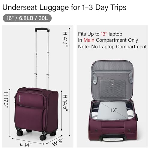 Hanke Underseat Carry On Luggage with Wheels, Small Suitcase, Rolling Bag | 360° Silent Spinner Wheels, TSA Lock, 16 Inch Small Luggage, 30L Personal Item, Softside Lightweight, Trolley Sleeve, Purple - color: Purple, size: 16 Inch Underseat