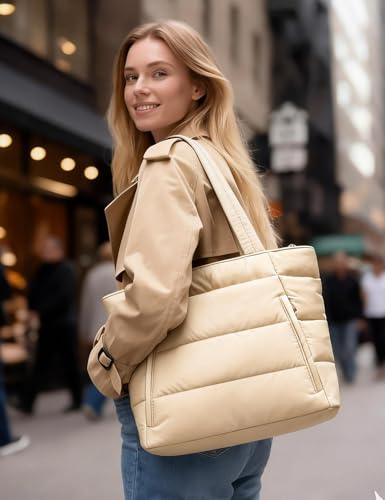 Puffer Tote Bag for Women, Nurse, Large Quilted Shoulder Bag with Cup Holder & Laptop Compartment for Work, Travel, Gym - color: Camel