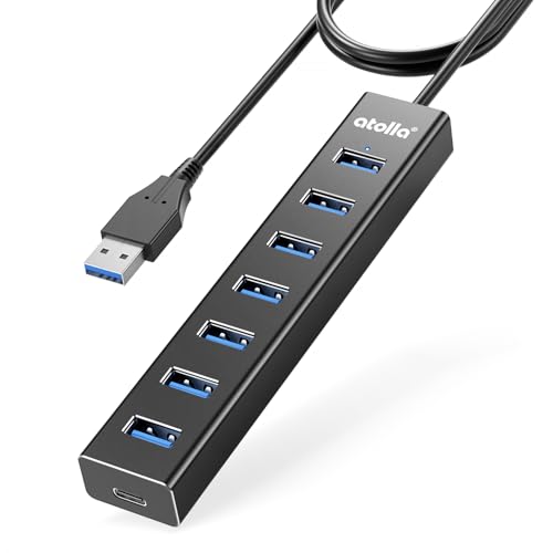 atolla Aluminum 7-Port USB 3.0 Hub with 1m Extension Cable - 5Gbps High-Speed Data Transfer for MacBook Pro, Laptop, PC, Gaming Setup - color: Black