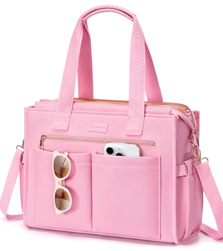 Canvas Tote Bag for Women, 15-Pockets Work Laptop Tote Purse Large Crossbody Nurse Teacher Bible Bag for School Travel Daily | with Strap & Zipper - color: L7.new Pink, size: Large-15.6inch