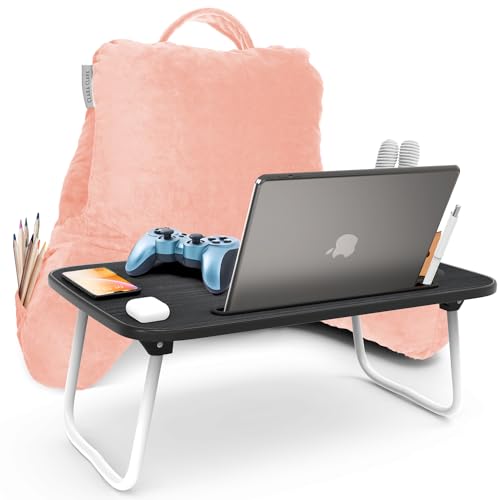 Clara Clark Reading Pillow with Portable Lap Desk Set for Kids, Back Pillow for Sitting Up in Bed, Memory Foam Back Support Pillow, Bed Rest Pillow with Foldable Laptop Desk, Small - Peach - color: Peach, size: Petite/Small
