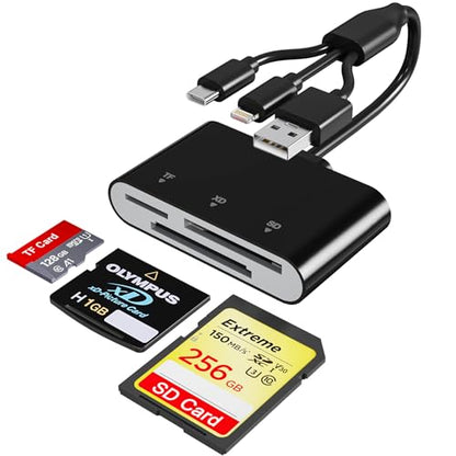 XD Card Reader for iPhone - 3-in-1 SD/MicroSD/XD Picture Card Reader Adapter with Triple Ports USB-C, Lightning, USB-A, Compatible with iPhone 17/16/15, Android, iPad, PC, Mac - color: Black