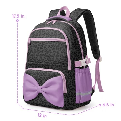 WOBAGMEN Printed Backpack for Adult Women with Bow | Water-Resistant Printed school bag, Spacious Storage for Elementary and Middle School Students（Black Leopard） - color: Black Leopard
