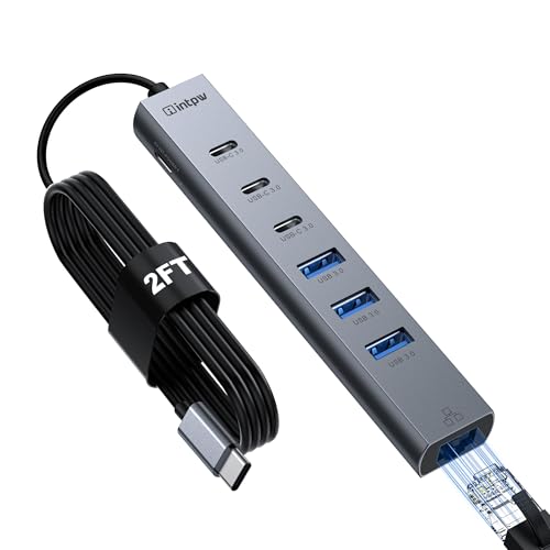 USB C Hub with Ethernet, 8-Port USB Hub 3.0 Multiport Hub with 3 USB-C &3 USB-A Port 5Gbps,USB Splitter, Gigabit Ethernet, Aluminum USB Extender Hub Long Cable for MacBook, Desktop, Laptop, PC - color: 1.97ft, size: 8-in-1 (Ethernet)