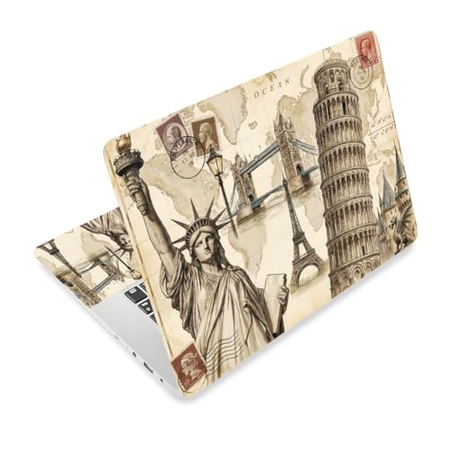 3Pcs World Landmarks Laptop Skin Sticker Statue of Liberty Universal Removable Vinyl Stickers Fits for 12.1 13 14 15.6 16 Inch Waterproof Notebook Decal Cover Gift - color: Light yellow and pencil gray