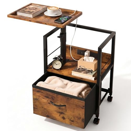 Faesun Swivel Lift Top Nightstand with Charging Station, Rolling Night Stand with Fabric Drawer, Adjustable Bedside Table for Bedroom, Living Room, Brown, Pro - color: 03 - Brown, size: 1 Drawer (Tray Top)