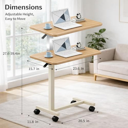 Adjustable Overbed Table with Wheels, Pneumatic Height Lift Rolling Bedside Table, Standing Desk for Home & Office Use, Ideal for Seniors & Limited Mobility(Walnut White) - color: Walnut White