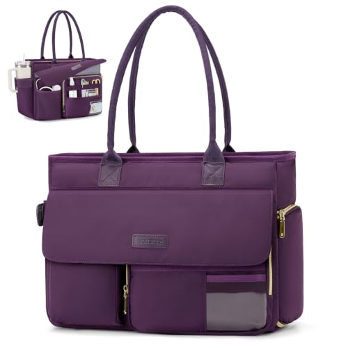 RAINSMORE Nurse Bag with Insulated Lunch Compartment, Laptop Work Bag Women | Large Lunch Tote Bag with 40OZ Cup Holder, Waterproof 15.6"/17.3" Teacher Laptop Bag for Office, College, Travel - color: Dark Purple, size: 15.6 Inch