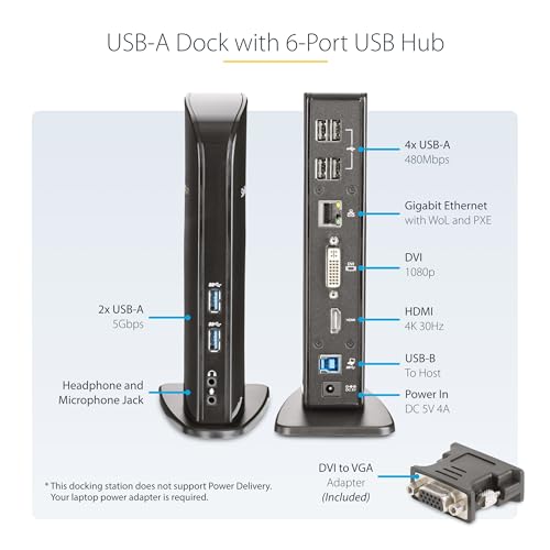 StarTech USB-A Dual Monitor Dock, HDMI & DVI/VGA, 6x USB-A, GbE, Audio, TAA | For USB-A laptops, with four USB 2.0 plus two 5Gbps ports, a DVI-to-VGA adapter, slim upright design and mic/headphone jacks - size: Dual Monitor, style: HDMI | DVI/ VGA | 6 x U