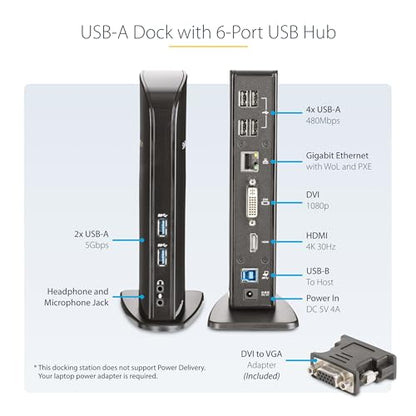 StarTech USB-A Dual Monitor Dock, HDMI & DVI/VGA, 6x USB-A, GbE, Audio, TAA | For USB-A laptops, with four USB 2.0 plus two 5Gbps ports, a DVI-to-VGA adapter, slim upright design and mic/headphone jacks - size: Dual Monitor, style: HDMI | DVI/ VGA | 6 x U