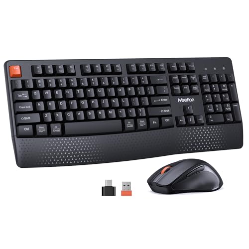 MEETION Wireless Keyboard and Mouse Combo, Full-Size with Wrist Rest Black | 2.4GHz USB receiver, 3 adjustable DPI mouse, comfortable typing, compatible with Windows, Mac, PCs and laptops - color: Black