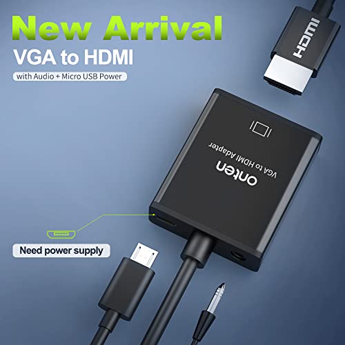 ONTEN VGA to HDMI Adapter, 1080P VGA to HDMI (Male to Female) for Computer, Desktop, Laptop, PC, Monitor, Projector, HDTV with Audio Cable and USB Cable (Black) (2 Pcs)
