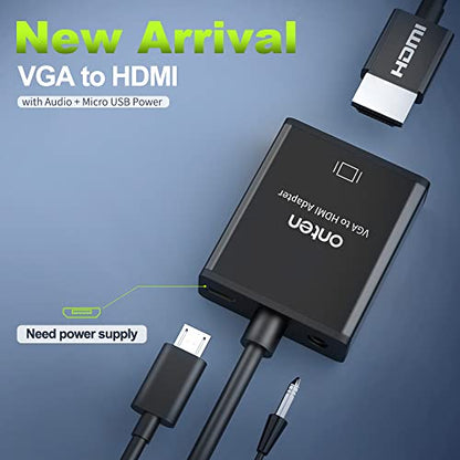 ONTEN VGA to HDMI Adapter, 1080P VGA to HDMI (Male to Female) for Computer, Desktop, Laptop, PC, Monitor, Projector, HDTV with Audio Cable and USB Cable (Black) (2 Pcs)