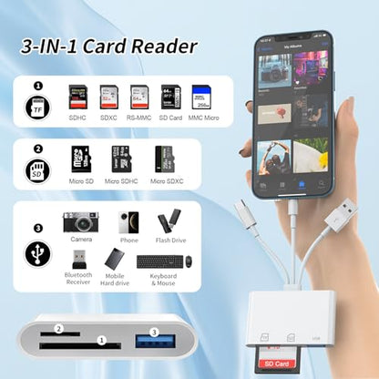 SD Card Reader for iPhone Sd Card Reader,USB-C&USB-A 3 in 3 Memory Card Reader, USB Sd Card Reader for iPhone 16/15/14/13, Ipad, Pc, Android, USB Support Sd/Xd/Ms/Tf Digital Camera Adapter. - size: 3IN3 SD Card Reader